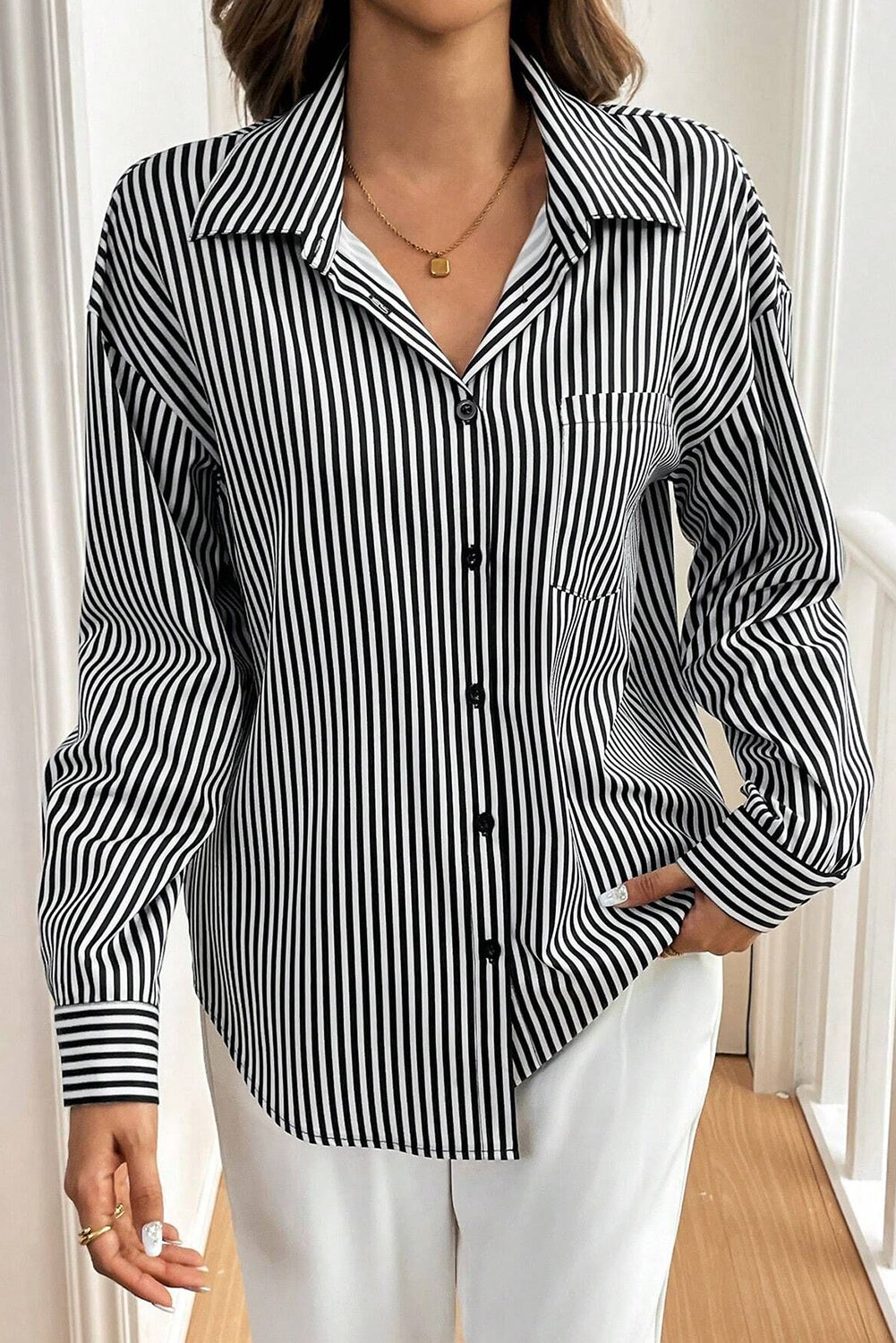 Black Striped Bow Backless Button Shirt 5882e3b8d9416c07