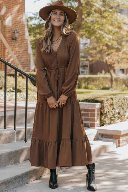 Solid Buttoned V-Neck Long Sleeve Tiered Maxi Dres 58872438-55c4-426d-8f79-e5812554e417