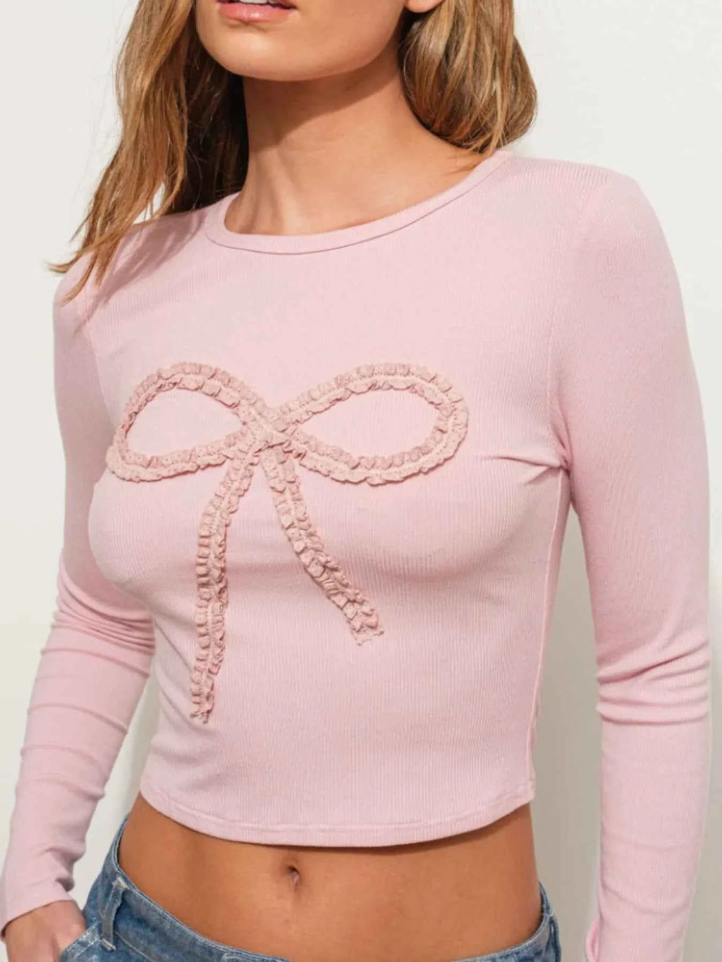 Bow Long Sleeve Fitted T-Shirt Pink 5897edcb-281a-4d8d-bb48-6a74b450e639-Max-Origin