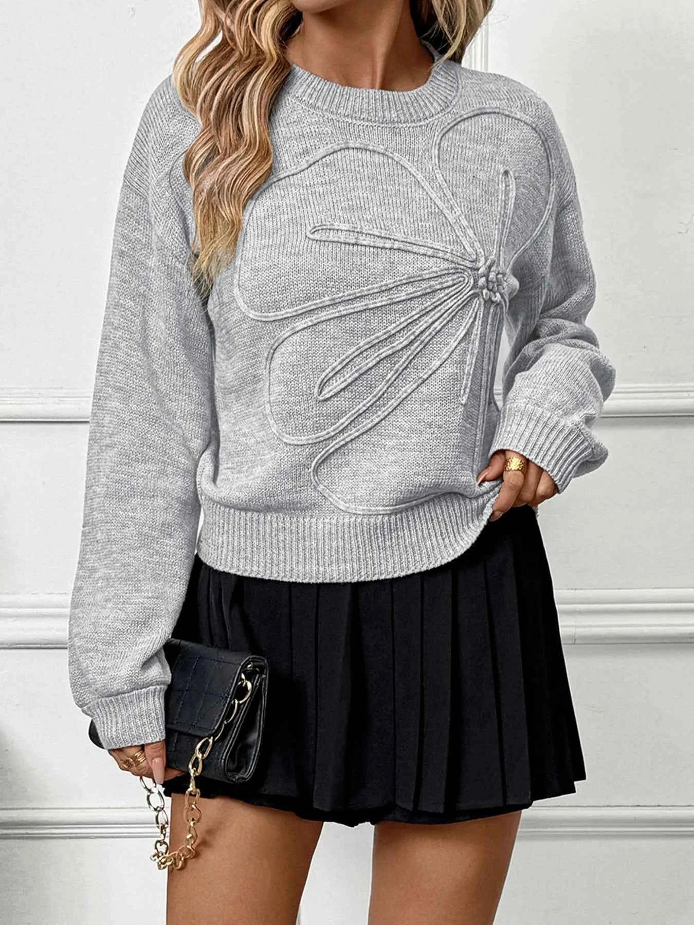 Flower Round Neck Long Sleeve Sweater 58a42b5d5a724df2bcf451a3a5ec8f97-Max-Origin