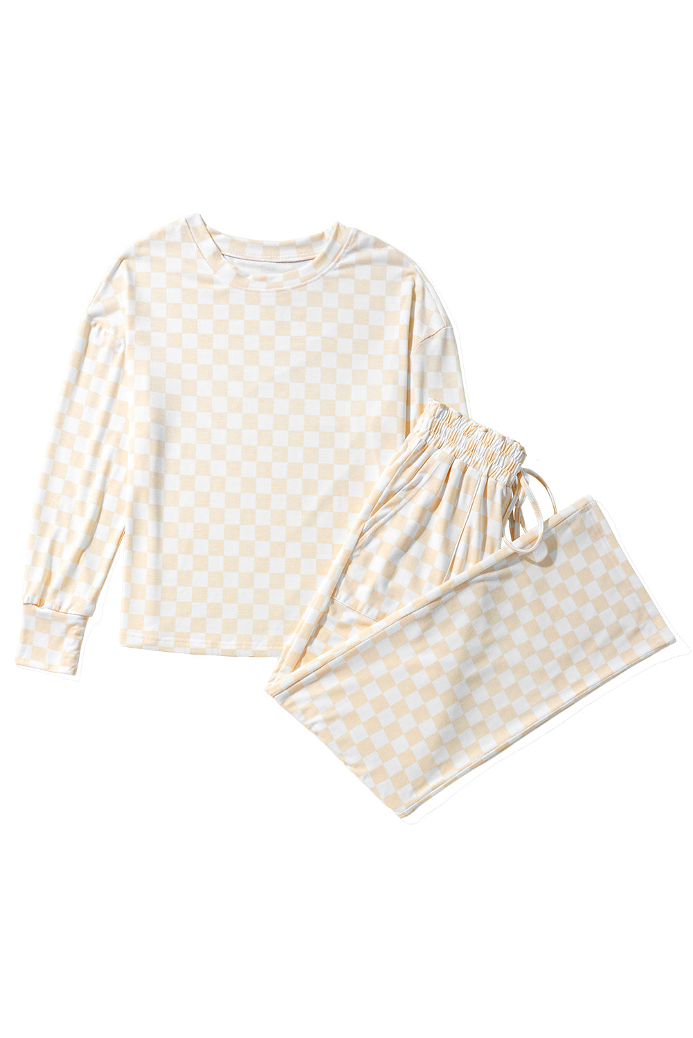 Beige Checkered Print Long Sleeve Loose Fit Pajama Set 58adbb84c296bf89