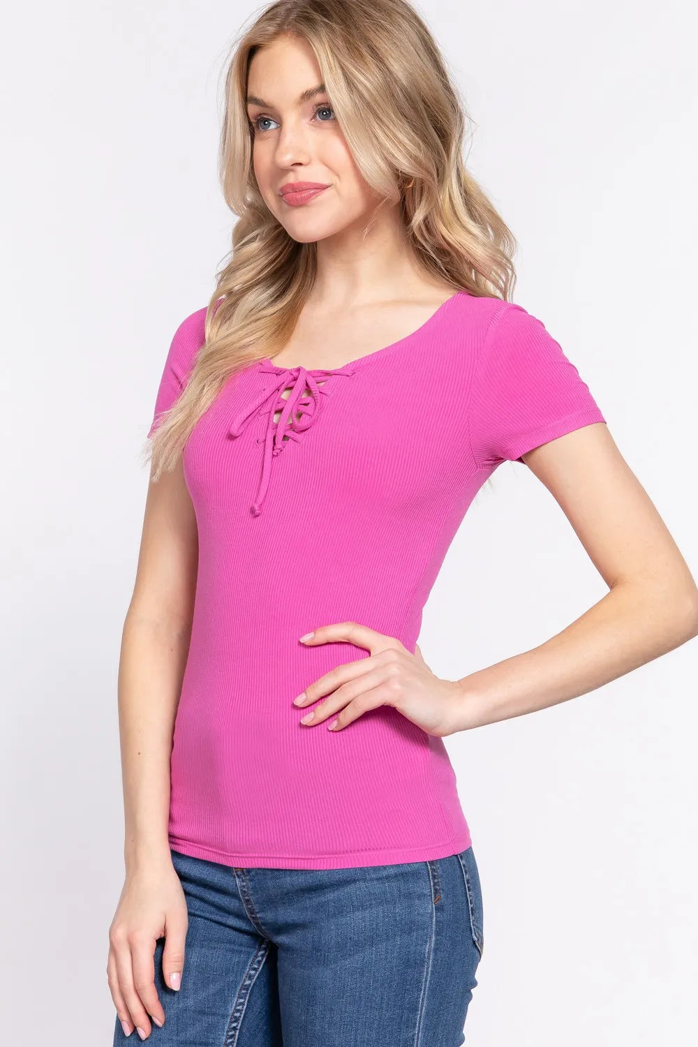 ACTIVE BASIC Lace Up Short Sleeve Rib Knit T-Shirt 58e224db-478a-49b0-854e-48567168ab2d-Max