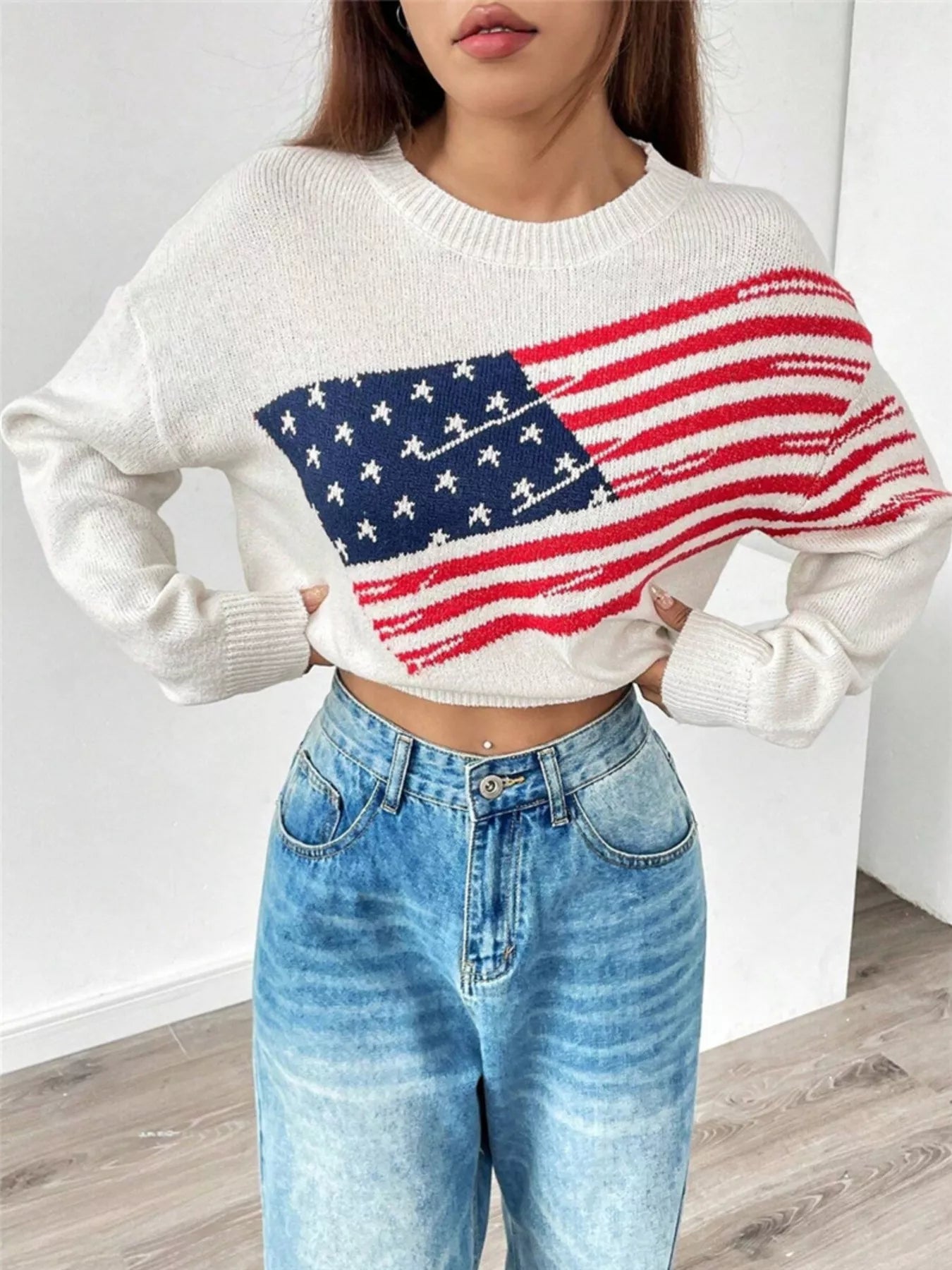 US Flag Round Neck Long Sleeve Sweater 58ea00c67dd149c9a69ac941819d05d2-Max-Origin