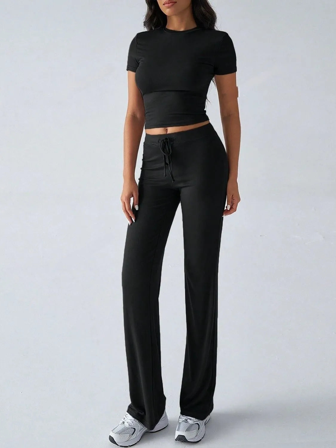 Round Neck Short Sleeve Top and Pants Set Black 58eb3982-a91a-4bea-8ad1-f40cd746d977-Max-Origin