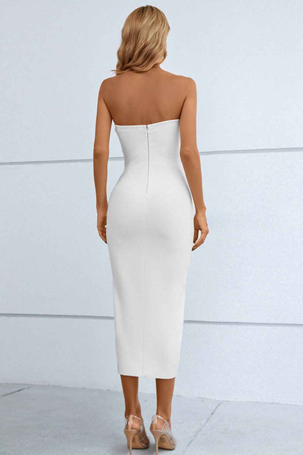 Cutout Strapless Drawstring Detail Split Bandage Dress 58f25dff03a149ecbef115e85d7e3c56-Max