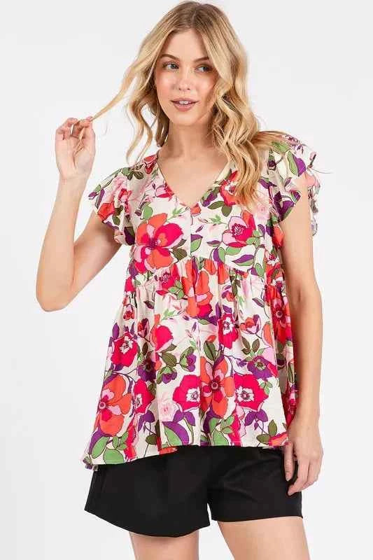 Mittoshop Floral V-Neck Ruffled Cap Sleeve Blouse Red 58f8fe1c-e609-4b70-91dc-013f6ede4643-Max
