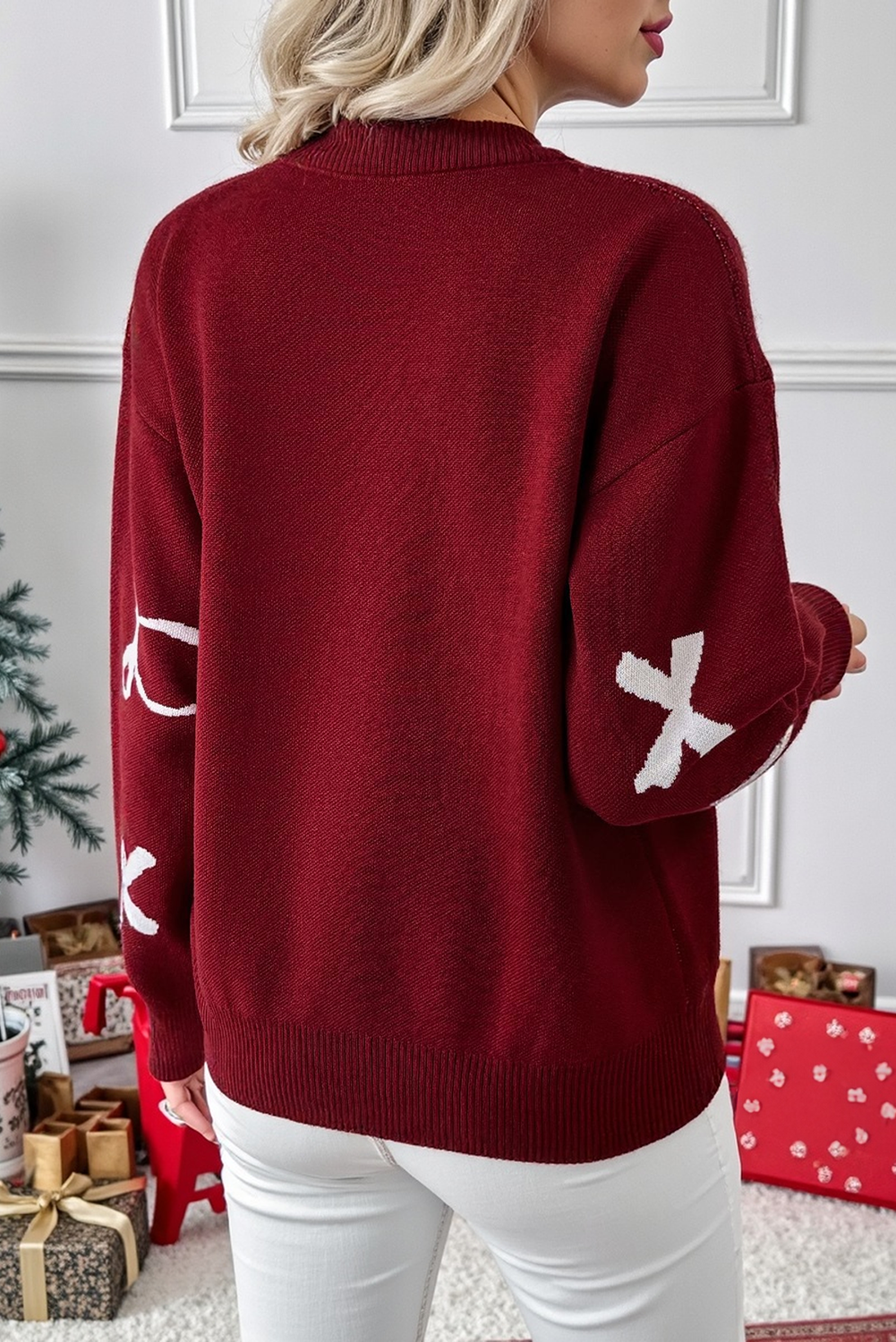 Burgundy Bow Jacquard Round Neck Shift Sweater 5919894a7fc6c3ca