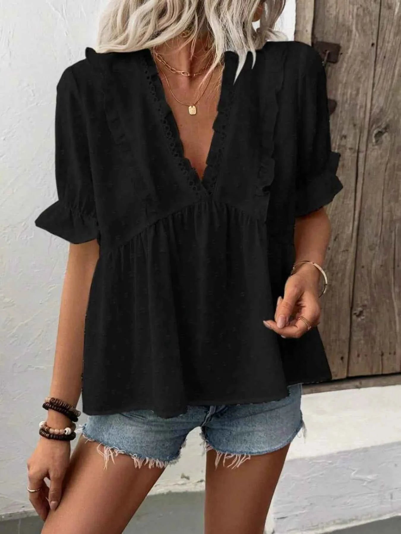 Swiss Dot Ruffled V-Neck Blouse with Flounce Sleeves Black 591f0f3d022947abb75d17746b6d34ed-Max-Origin