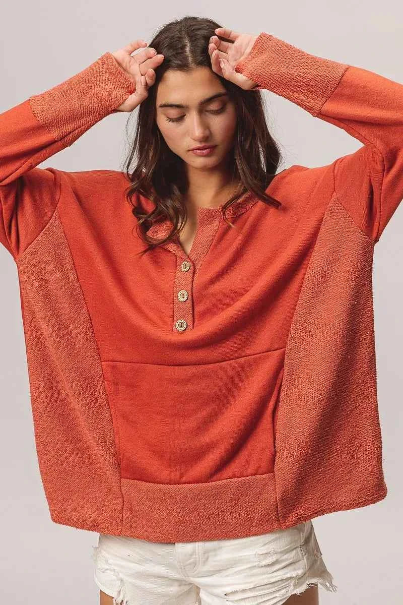 BiBi French Terry Knit Side Block Buttoned Henley Top 5937a7e27e0a4be7891c2caeaacc4c88-Max-Origin