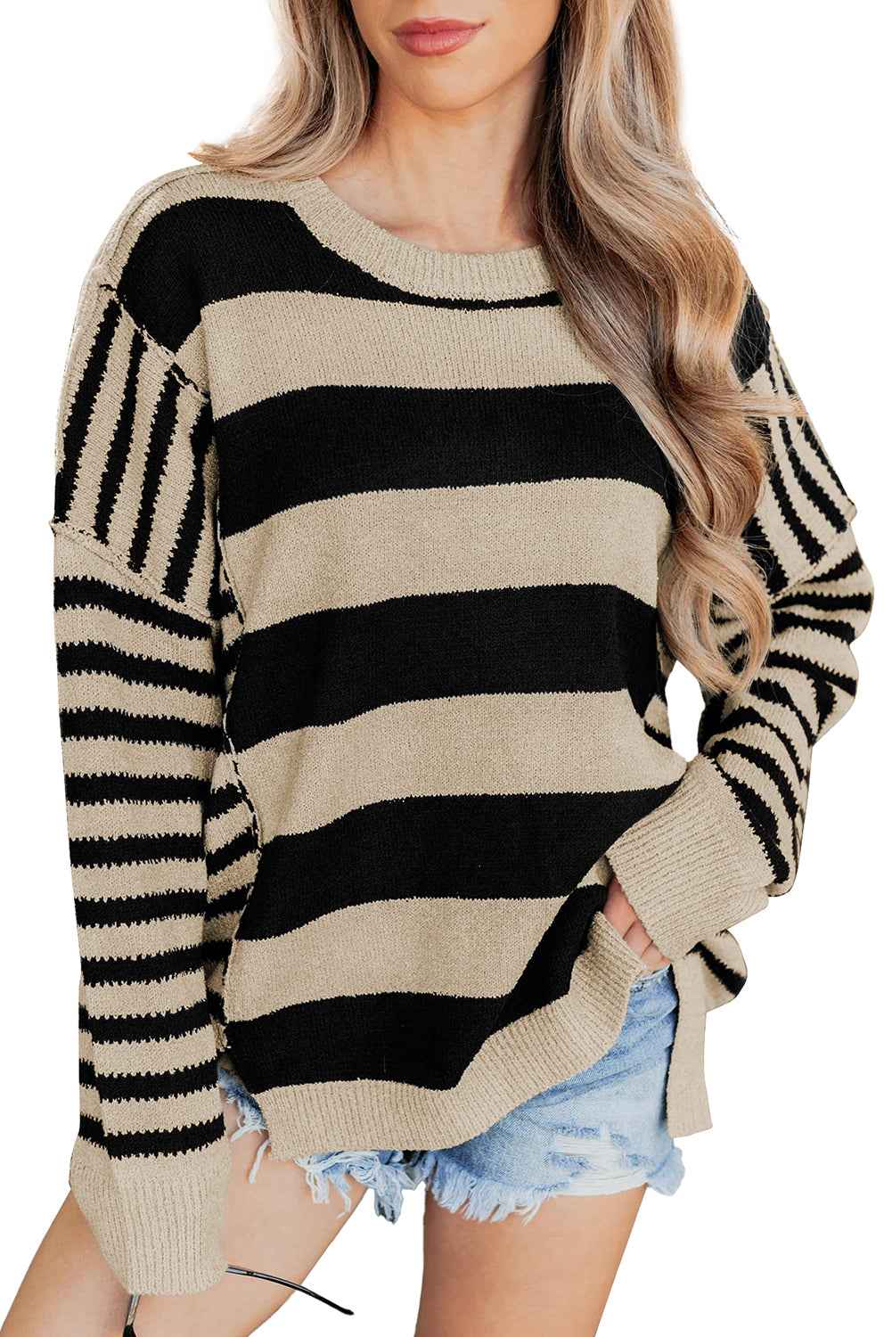 Brown Stripe Drop Shoulder Sleeve Patchwork Baggy Sweater 594cb4a6e607255e