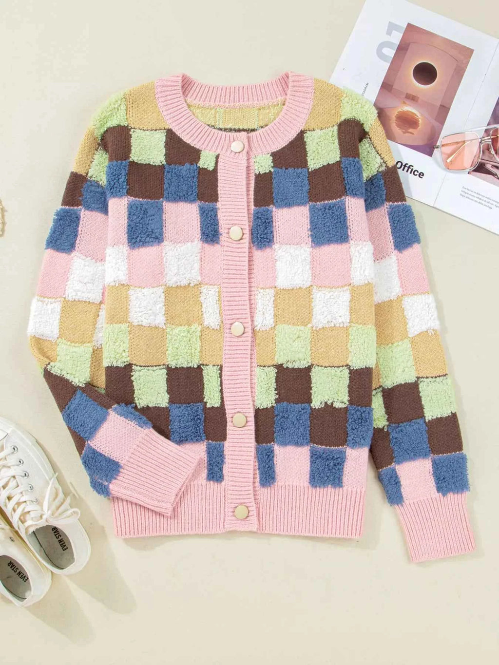 Checkered Pattern Button Front Cardigan 59621205183d4b158155db476443df69-Max-Origin