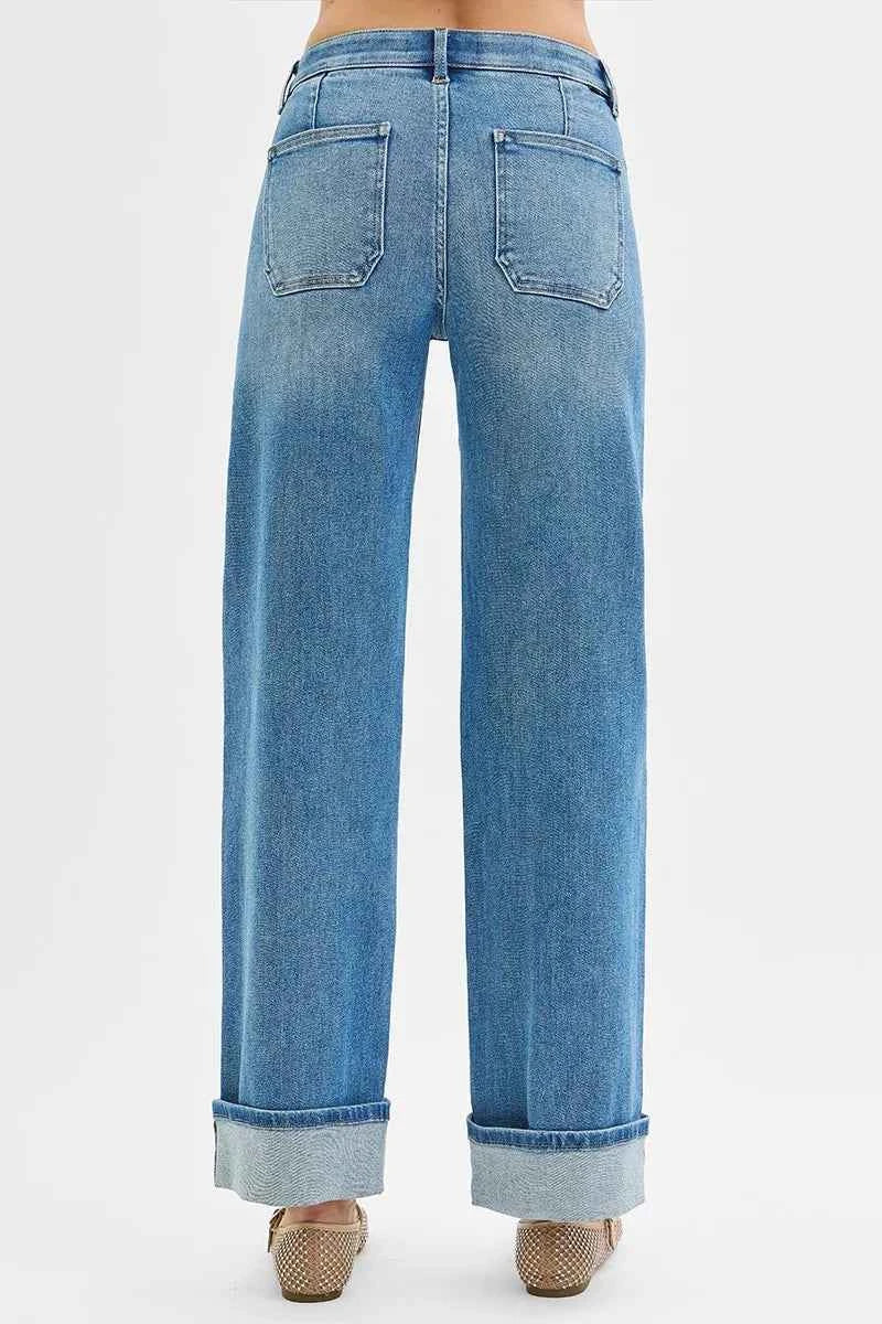 RISEN Full Size Elastic Band Mid Rise Wide Front Patch Pocket Cuff Jeans Plus Size 5973934562ee443090ebb2fc3a35e302-Max-Origin