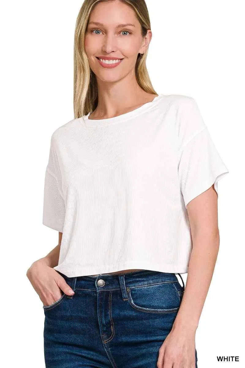 Zenana Ribbed Round-Neck Crop T-Shirt WHITE 597ccd47440249dcb334df942afd04eb-Max-Origin
