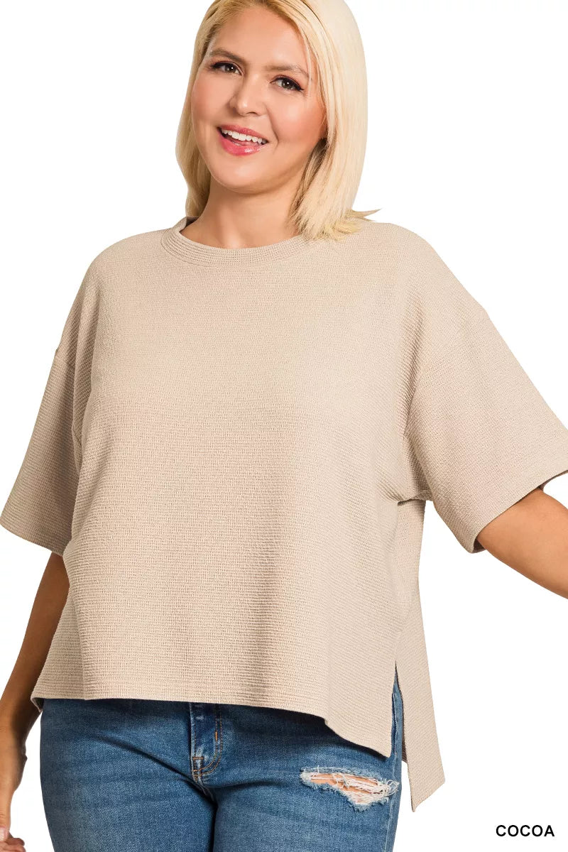 Zenana Full Size Double Knit Side Slits Hi Low Short Sleeve Top Plus Size 599a8674-367c-43da-8d6f-83e4784017ab-Max-Origin