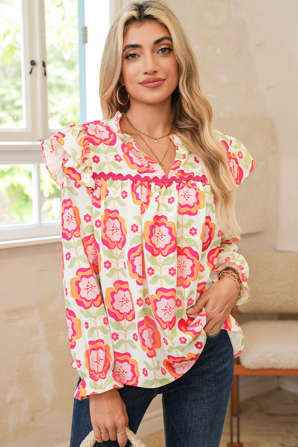 Rose Floral V Neck Ricrac Trim Ruffle Long Sleeve Blouse 599e3a0304abc170