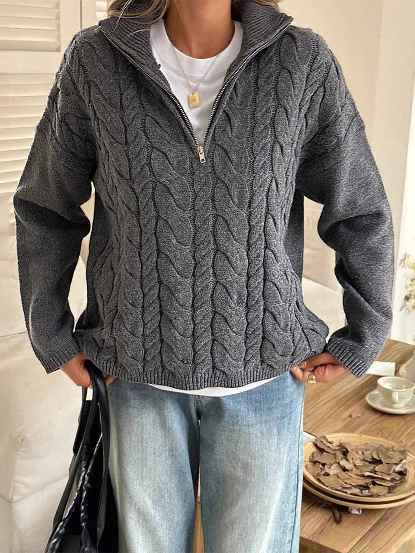 Zip Collar Cable-Knit Sweater Gray 59a7b99f9a1c4472903b63399db48d0f-Max-Origin