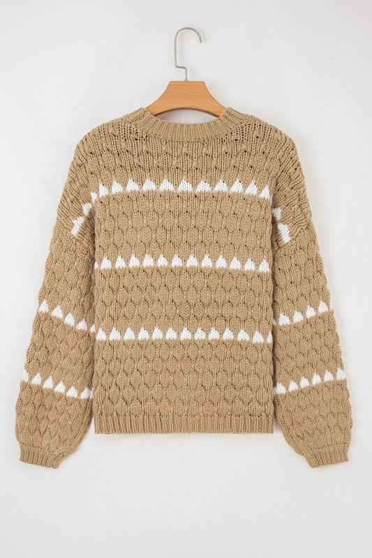 Colorblock Textured Knit Puff Sleeve Sweater