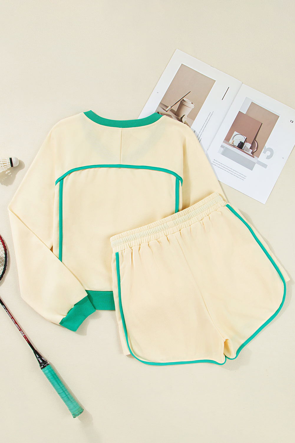 White Contrast Trim Colorblock Long Sleeve Pullover and Drawstring Shorts Set 59e7a2339e3b1279