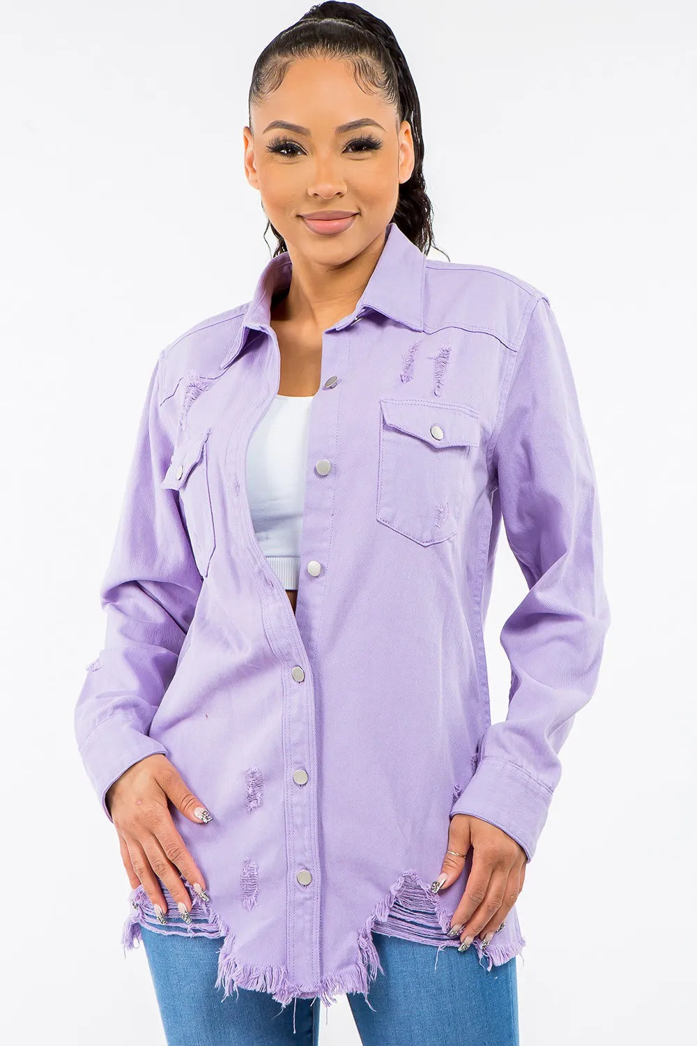 American Bazi Frayed Hem Distressed Denim Jacket Lavender 5a028ebd-379a-4895-b85d-8bdbebf42e23-Max