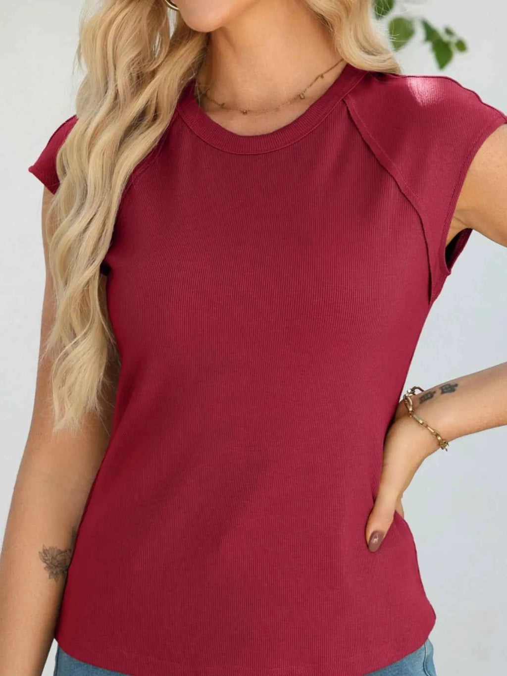 Round Neck Cap Sleeve T-Shirt Burgundy 5a05438a-b6db-419c-8ede-ba8bf642810f-Max-Origin
