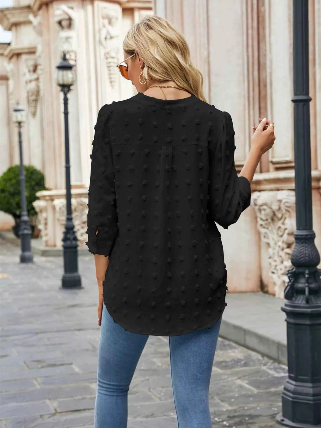 Swiss Dot Notched 3/4 Sleeve Blouse 5a1c631aac714a4580f997416e3f3eb4-Max-Origin