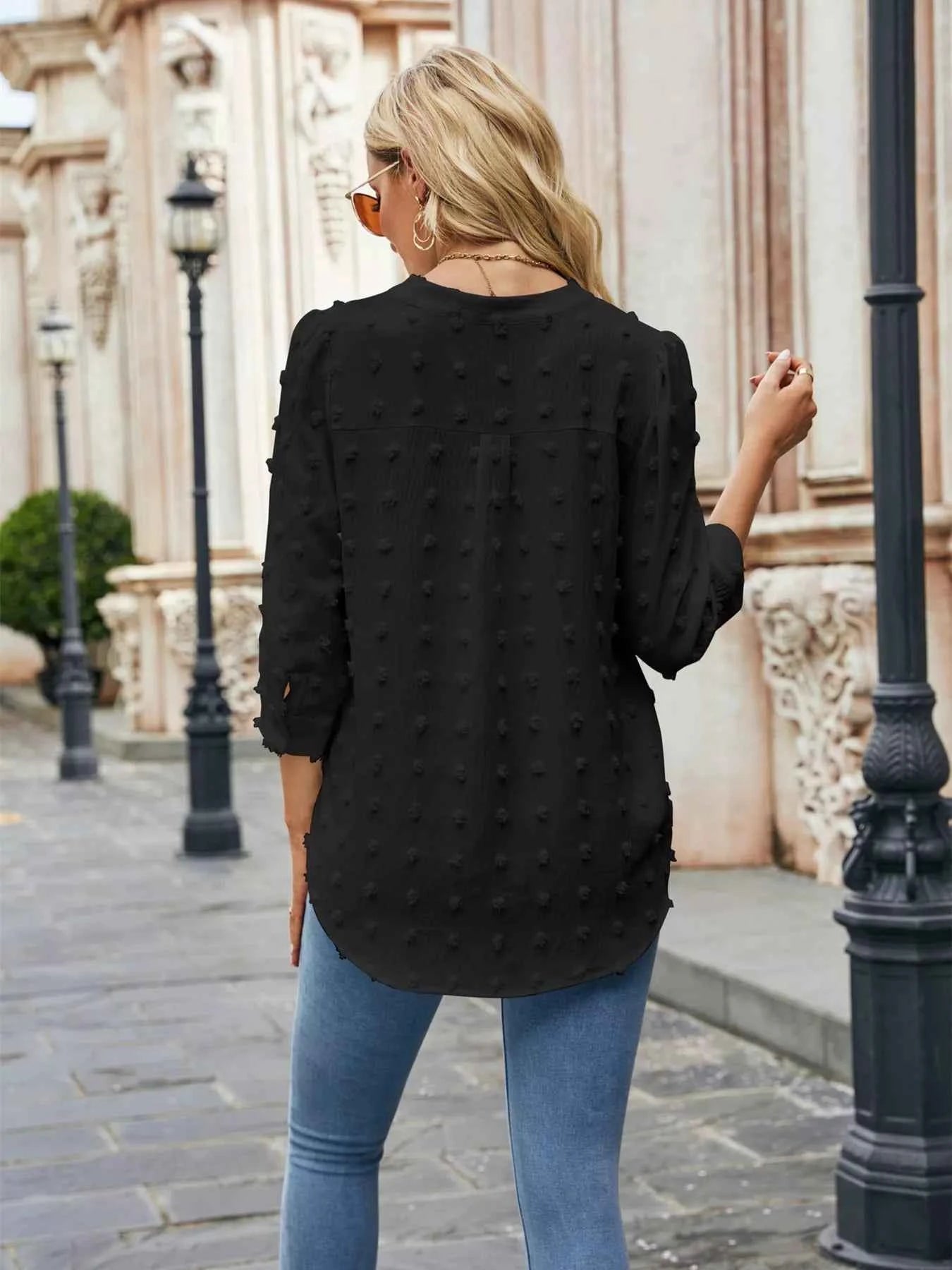 Swiss Dot Notched 3/4 Sleeve Blouse 5a1c631aac714a4580f997416e3f3eb4-Max-Origin