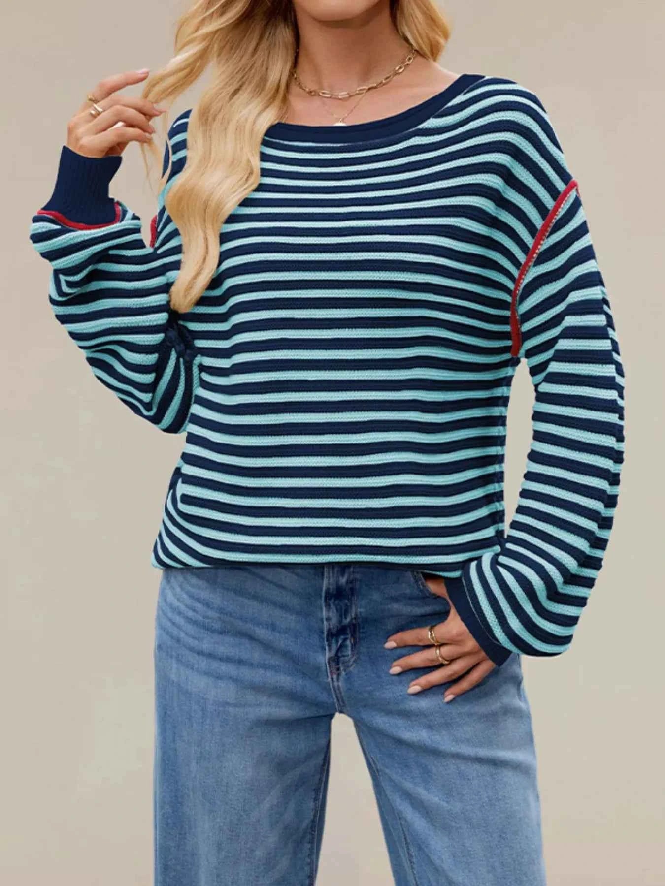 Slit Striped Oversized Sweater Navy Blue 5a2c6e1f-5ada-4802-b107-714838098d5f-Max-Origin
