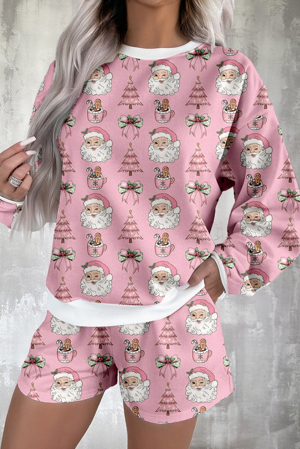 Pink Santa Claus Graphic Christmas Tree Pajama Set 5a40efe6d3f7d4bb