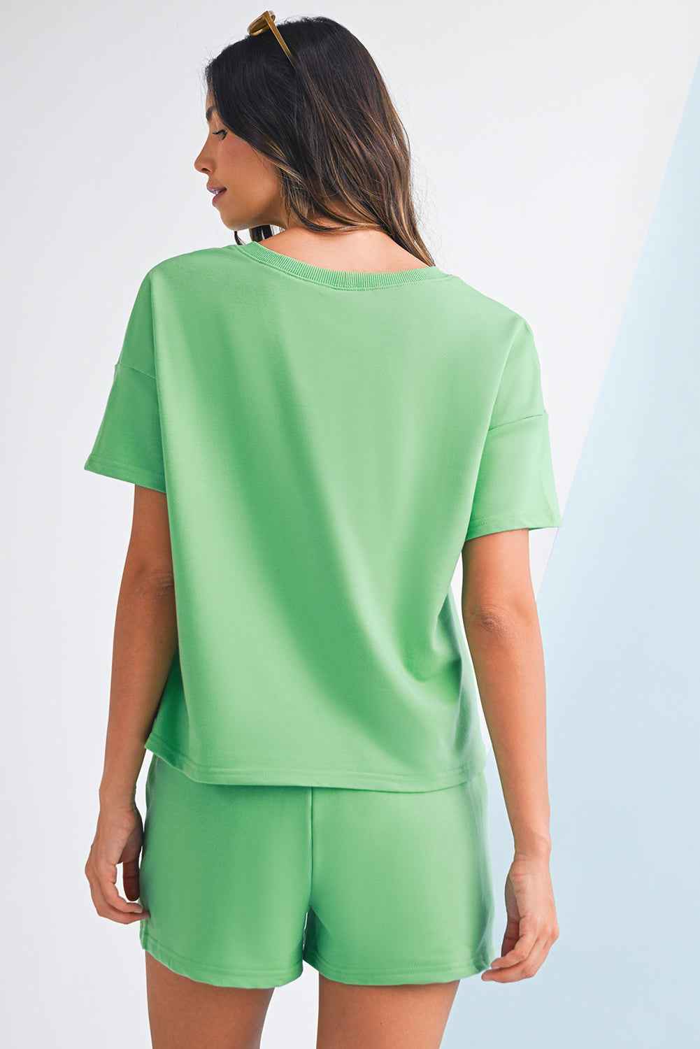 Mint Green V Neck Drop Shoulder Tee and Patchwork Shorts Set 5a47110a22fc5ef3