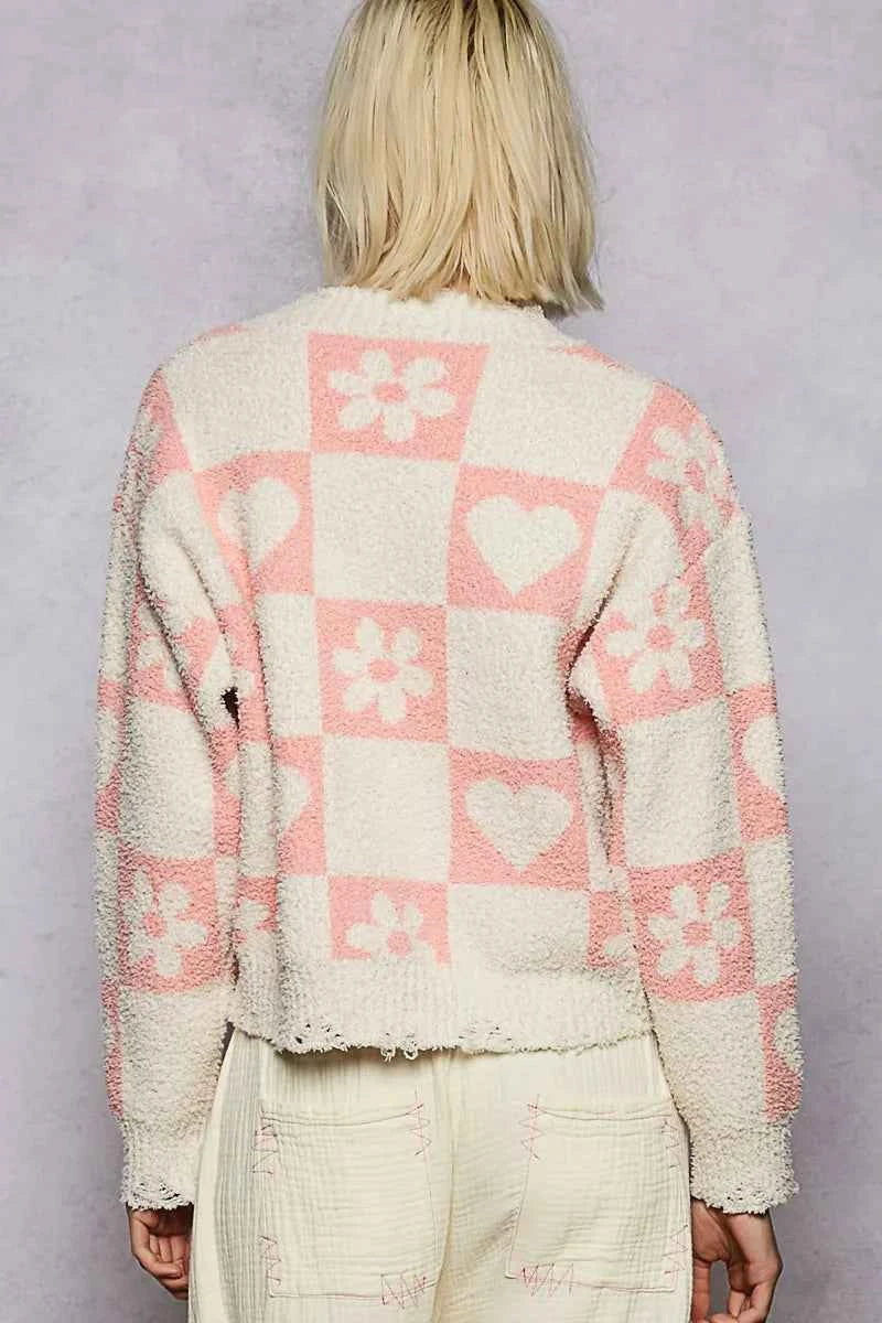 POL V-Neck Heart Pattern Checkered Sweater 5a50488e-9d33-4f1c-b3fc-e1efb1e14d6d-Max-Origin