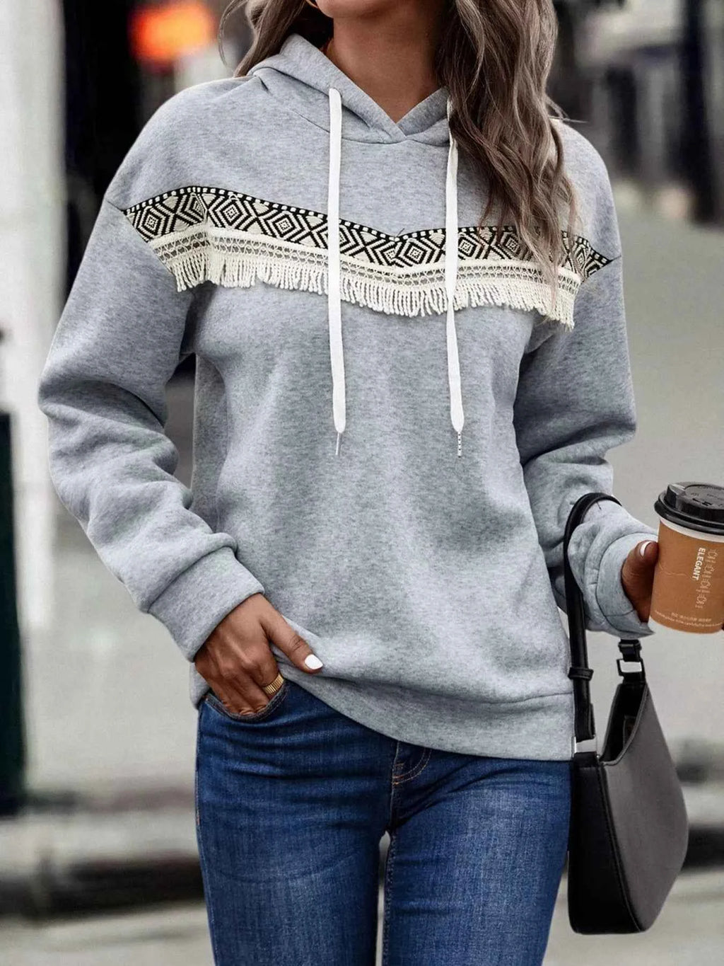 Fringe Detail Long Sleeve Drawstring Hoodie 5a556c63-6666-4f50-9ed4-36235c4b9d12-Max-Origin