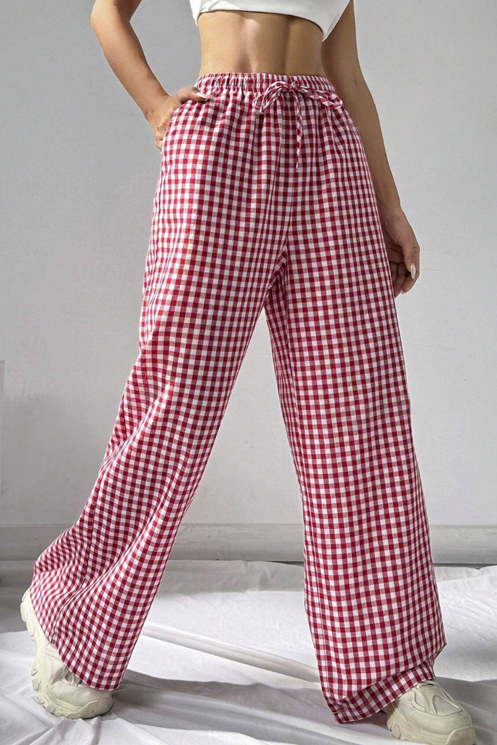 Red Plaid Knot Waist Pocket Casual Pants Red 5a5d76de7ba50db9