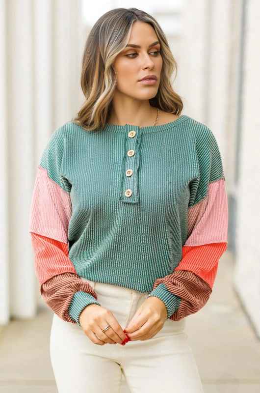 Colorblock Corded Knit Long Sleeve Henley Top 5a5dfdfe-bc20-4923-b868-dc6ddedb8ff1