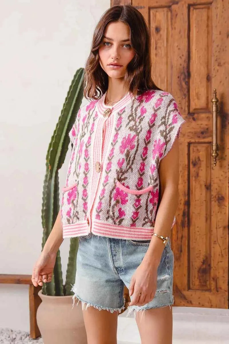 SO ME Button Front Floral and Stripe Knitted Sweater Vest 5a6e4308ea484a80bb6827a4fbb873dc-Max-Origin