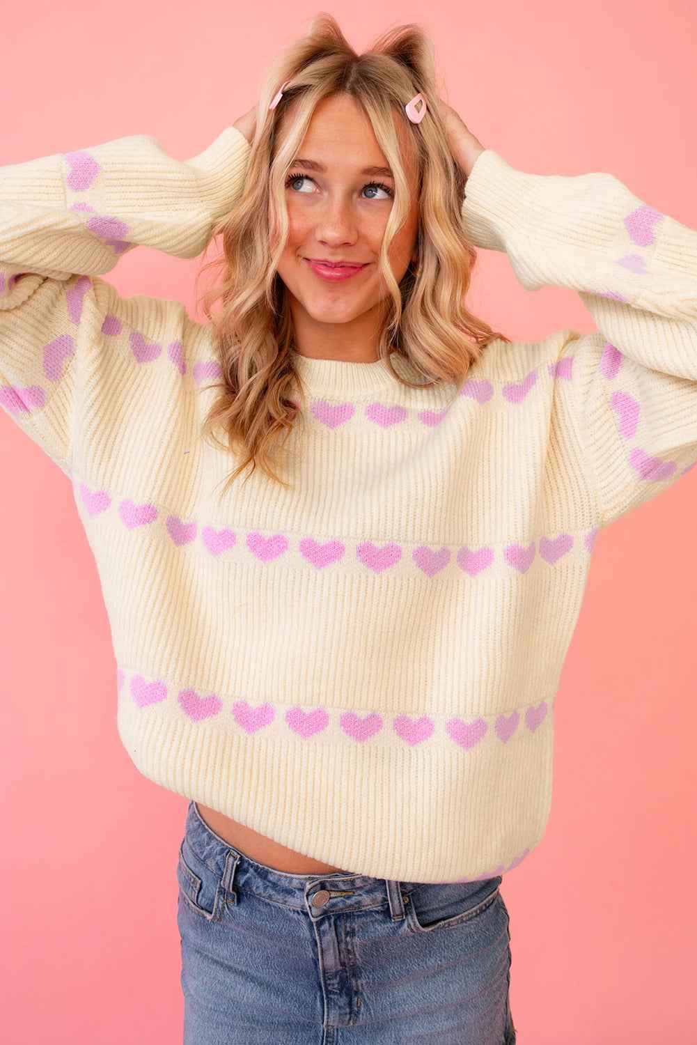 Pink Heart Pattern Ribbed Round Neck Knit Sweater 5a72565d05a034b9