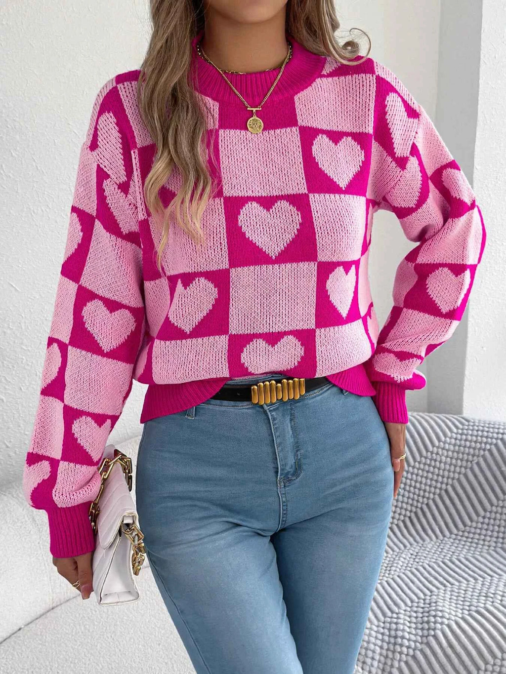 Heart Checkerboard Pattern Round Neck Sweater 5a7a386b114143808270b8361acfc986-Max-Origin