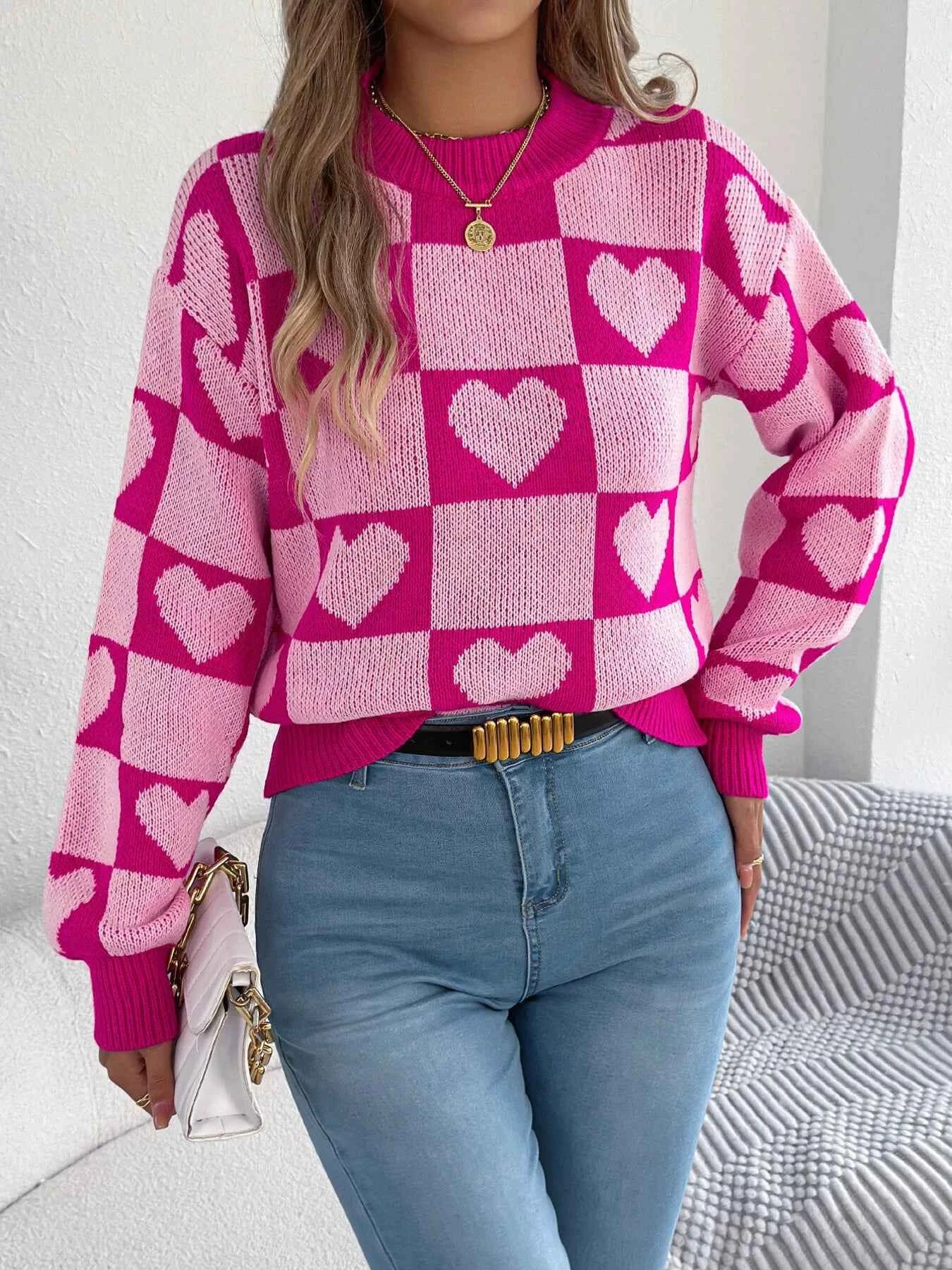 Heart Checkerboard Pattern Round Neck Sweater 5a7a386b114143808270b8361acfc986-Max-Origin