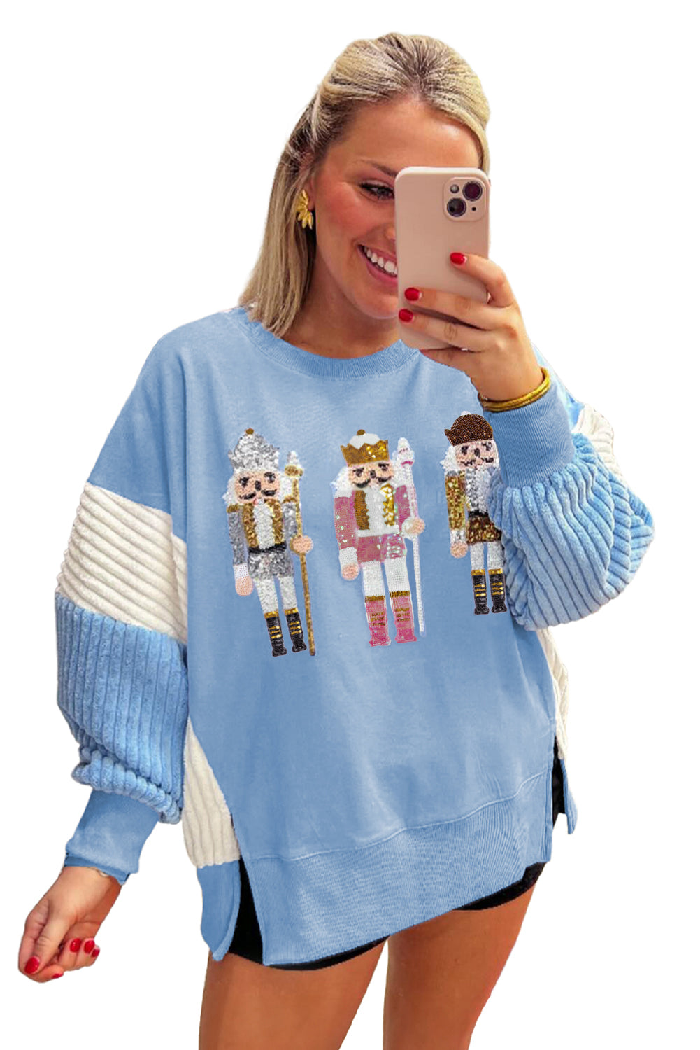 Light Pink Sequin Nutcracker Textured Sleeve Patchwork Sweatshirt Beau Blue 50%Polyester+50%Cotton 5a7d71c4fadffbea