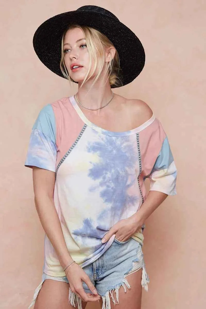 BiBi Tie Dye Printed Cotton Color Block T-Shirt PINK BLUE COMBO 5a94f3f8381b4754aee02b1624fc5ae2-Max-Origin