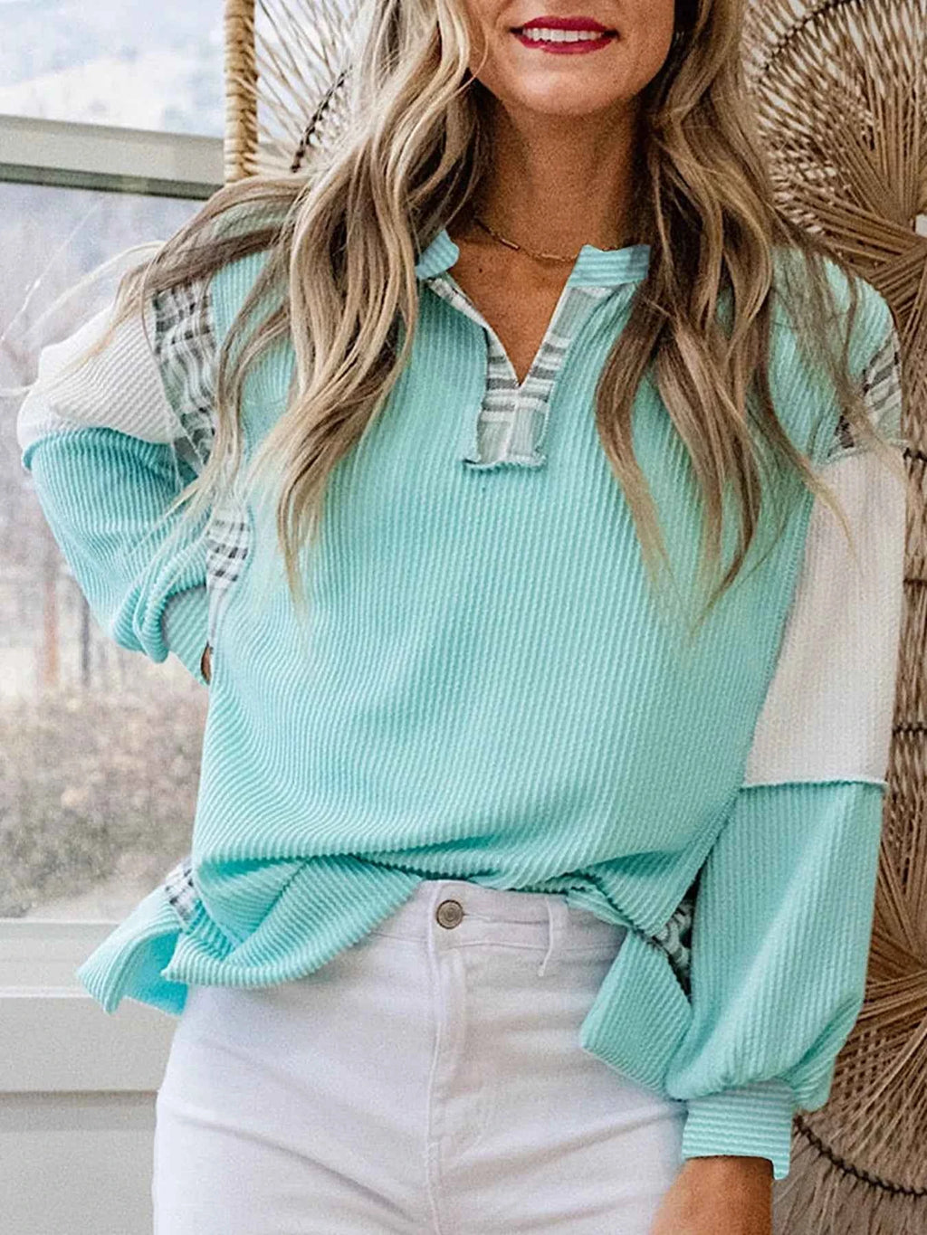 Color Block Plaid Notched Long Sleeve Top Tiffany Blue 5abd32db-c5bd-4126-ae9a-55559f805975-Max-Origin