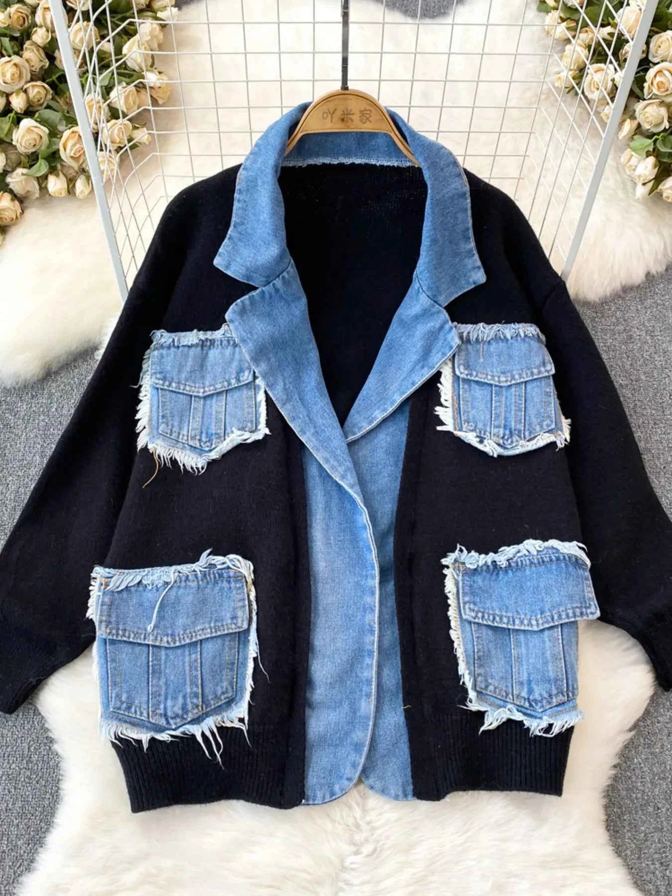 Raw Hem Denim Pocket Patchwork Cardigan 5ac08c1e04f345faa9bcf6916dce2de9-Max-Origin