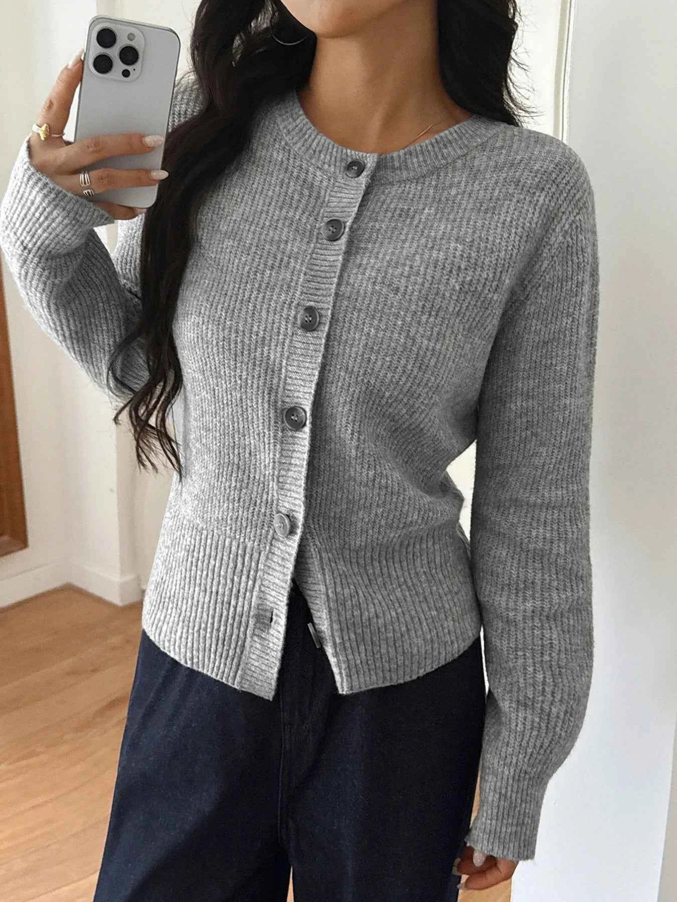 Button-Up Ribbed Knit Cardigan Gray 5acea014fbea4582a87c3ded2941bdde-Max-Origin