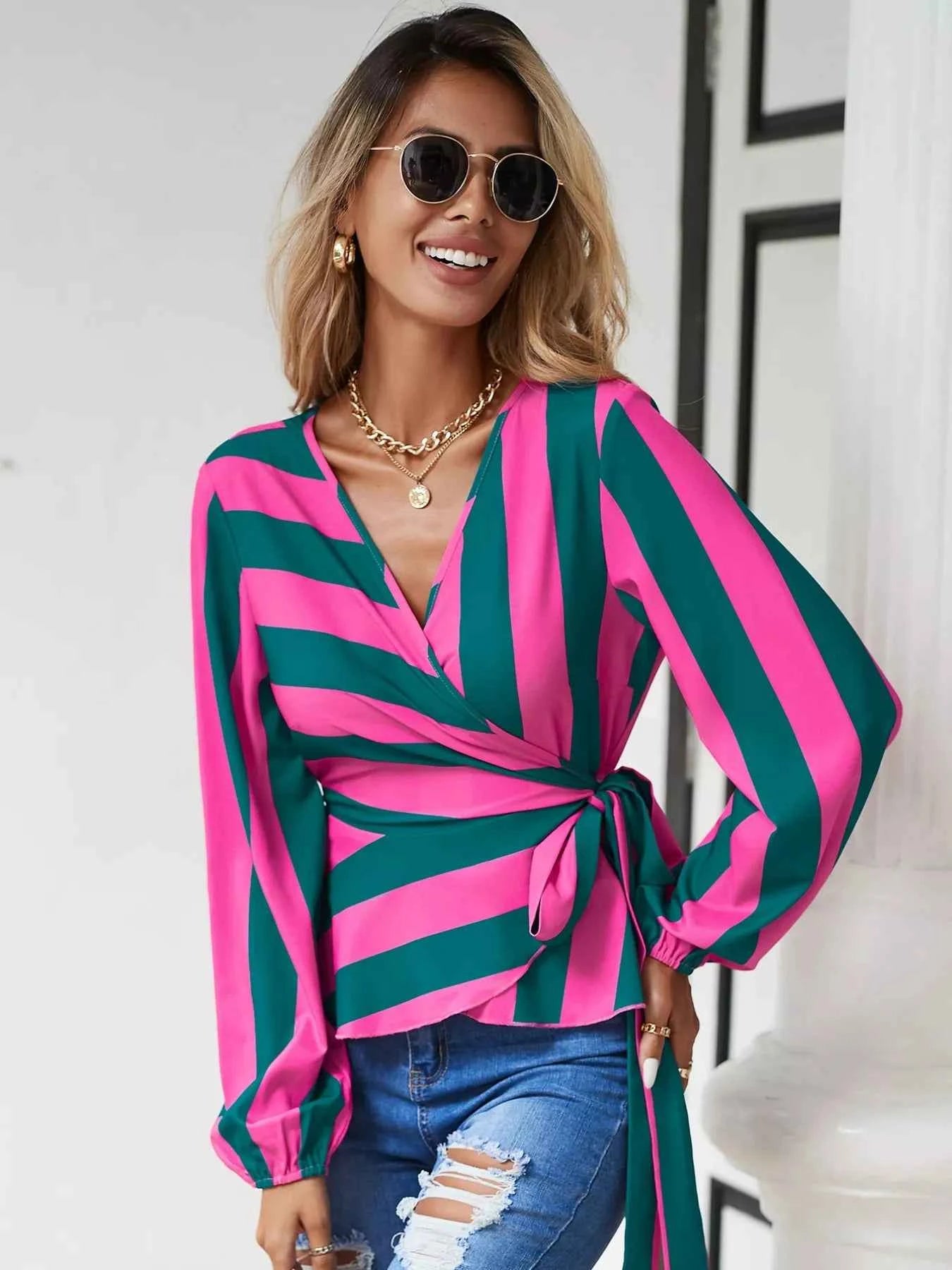 Striped Wrap Blouse with Tie Detail 5ad9df91-0e20-4490-975f-46d925f084d8-Max-Origin