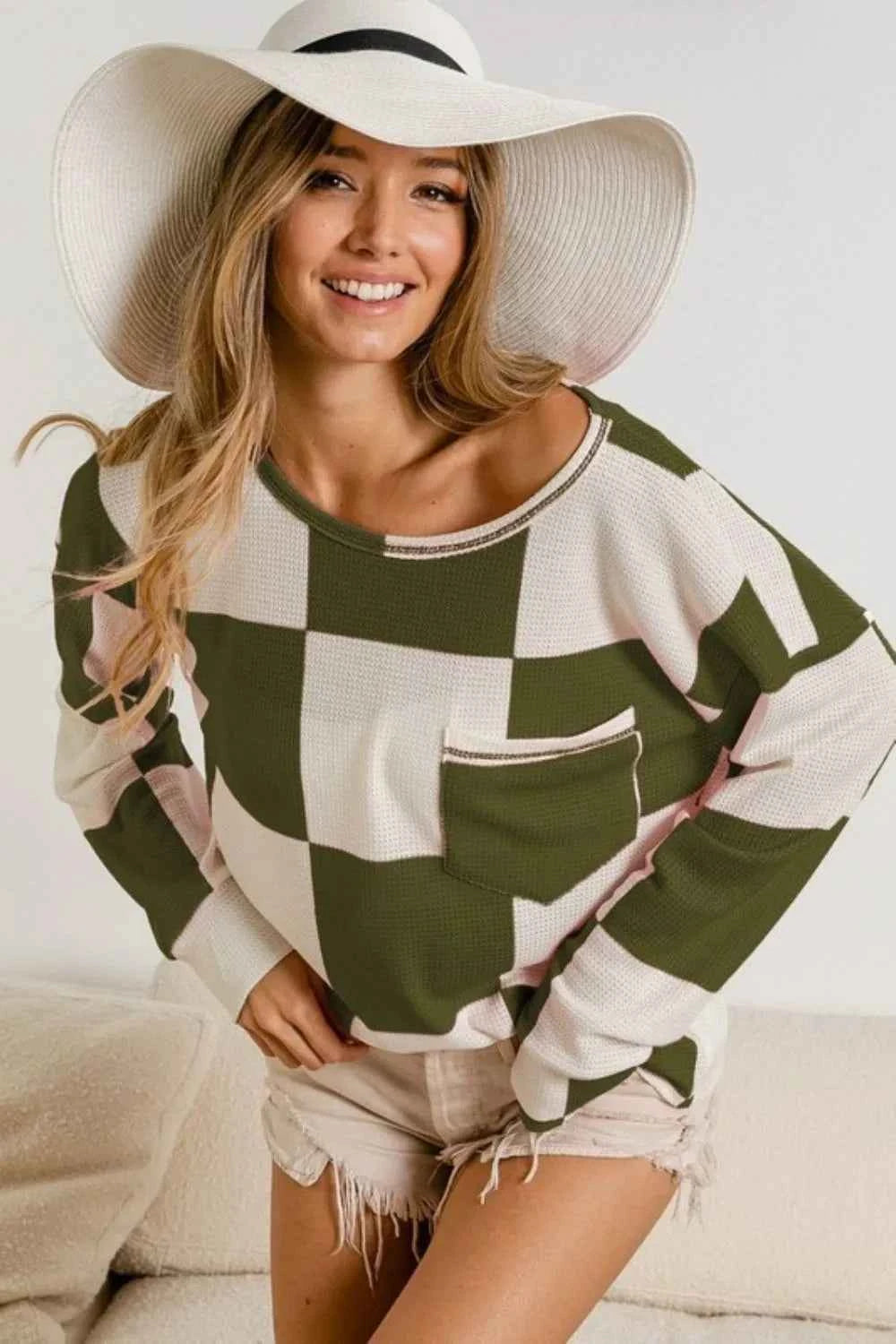 BiBi Checker Printed Hacci Top with Front Pocket OLIVE 5ae43bc5-f885-4d2a-864a-c40f1ecbc3ff-Max-Origin