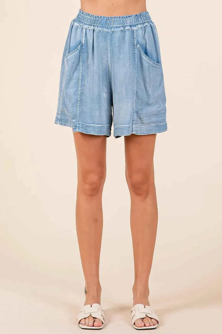 Mittoshop Washed Chambray Elastic Waist Easy Fit Shorts LT DENIM 5aee3306fc7b43708a8a59220fef669f-Max-Origin