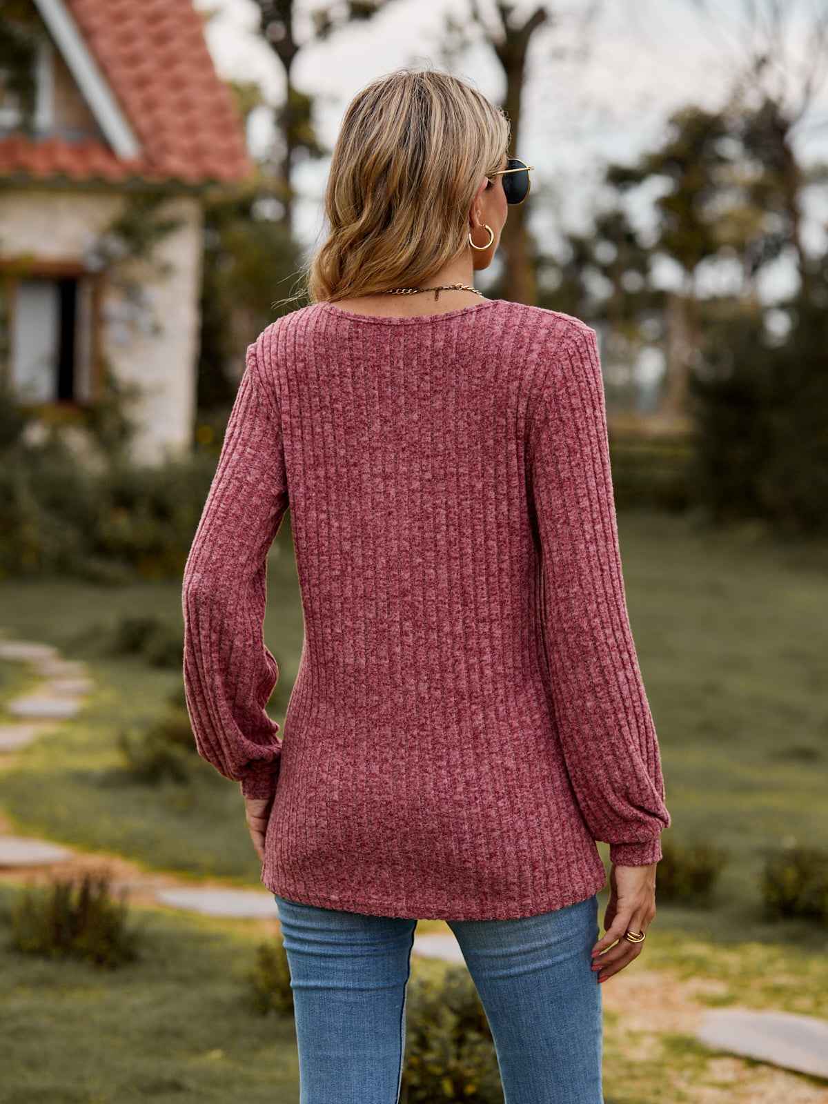 Round Neck Button-Down Long Sleeve Tee 5b04ed45008f456f9d2661c41d6b5dcf-Max