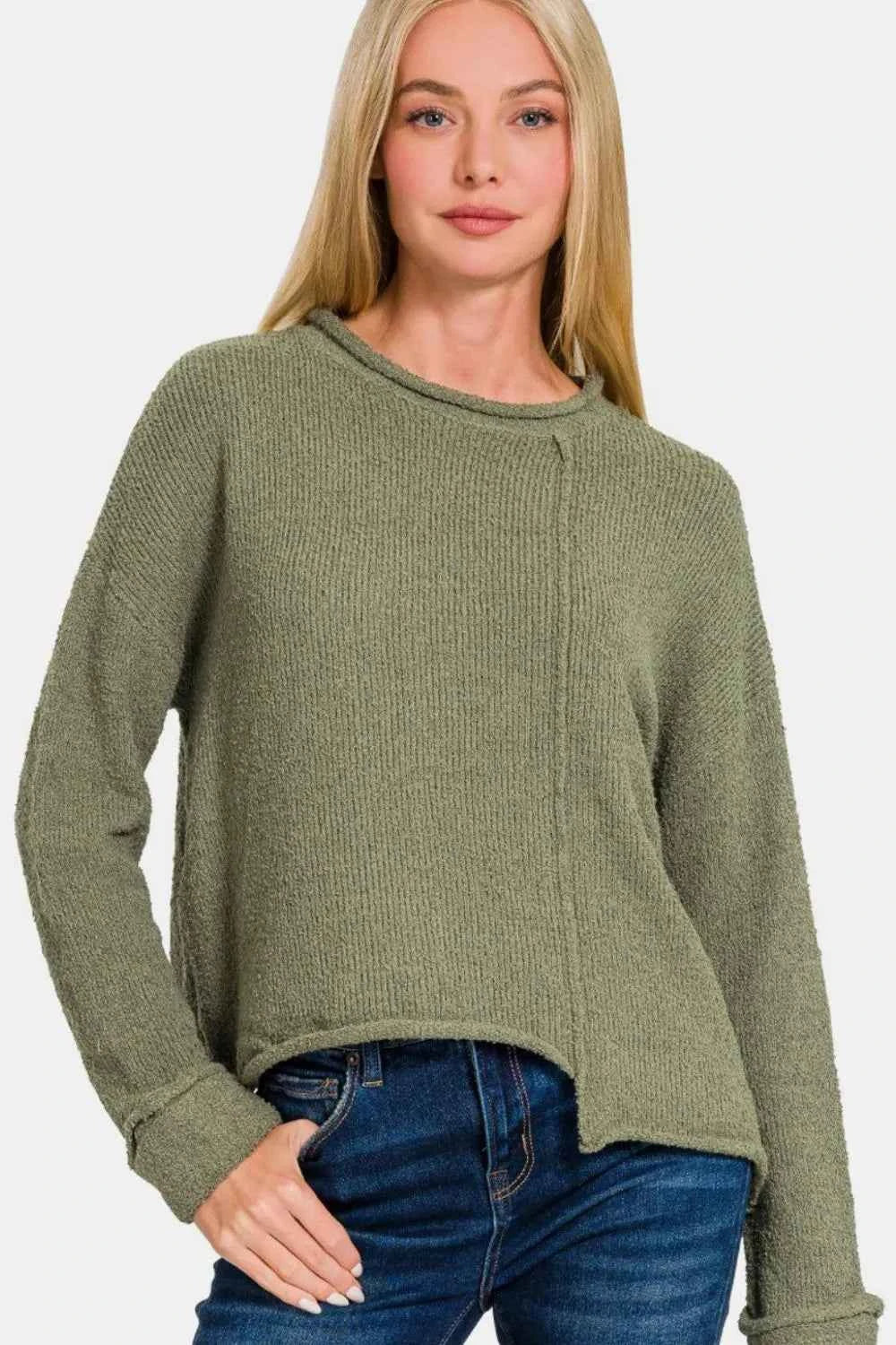 Zenana Asymmetric Hem Drop Shoulder Sweater Lt Olive 5b1bdb82-351b-435d-9357-24c8f3cb0367-Max