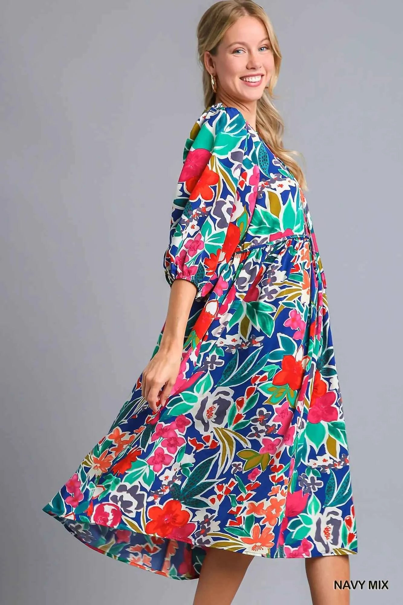 Umgee Floral Print Tie Neck Midi Dress with Pockets 5b247219-dfd6-48c6-be04-dcd5fa3a1a0b-Max-Origin