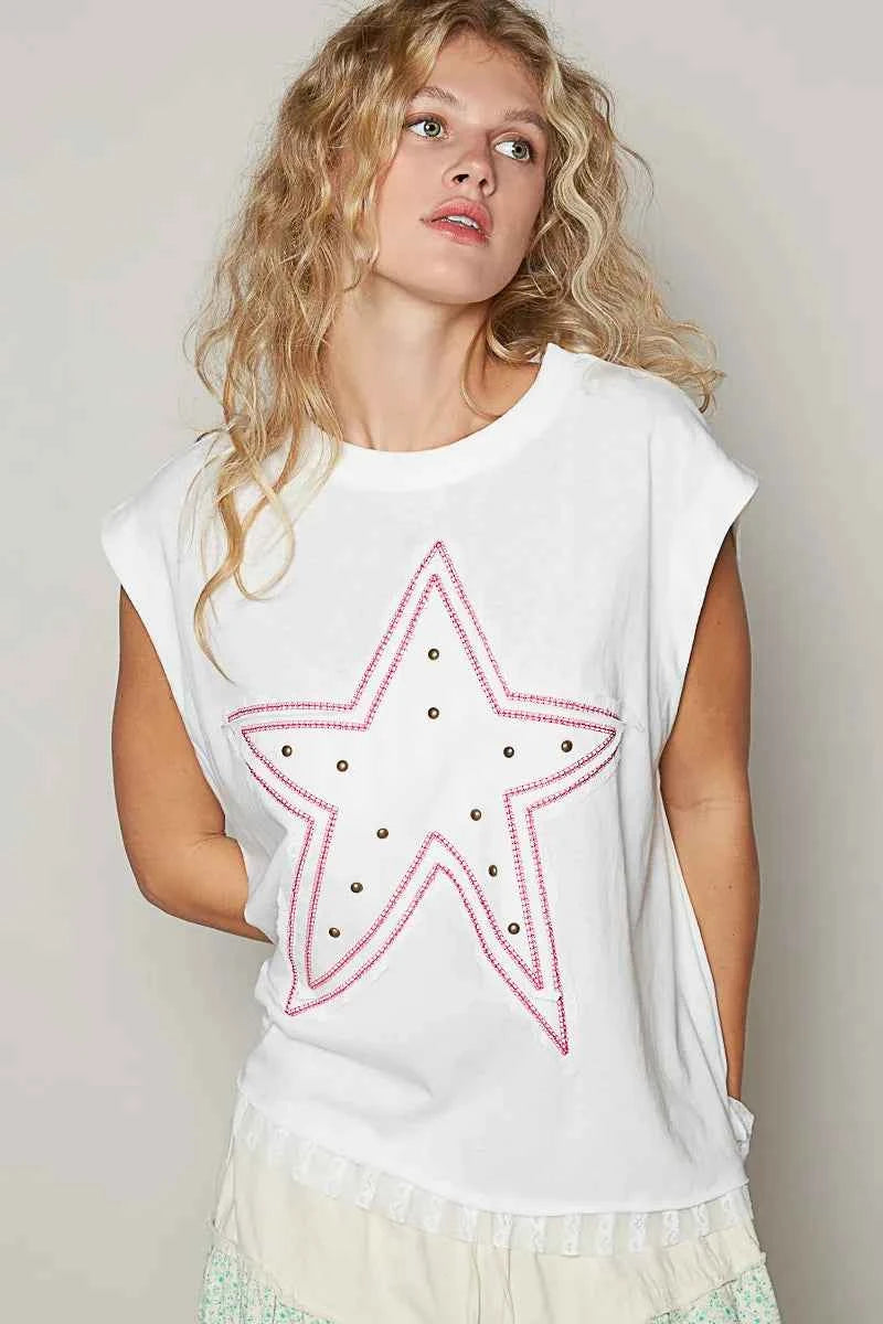 POL Star Patch Studded Sleeveless T-Shirt with Lace Hem 5b258442-06c1-4203-9165-9bf40ff17c27-Max-Origin