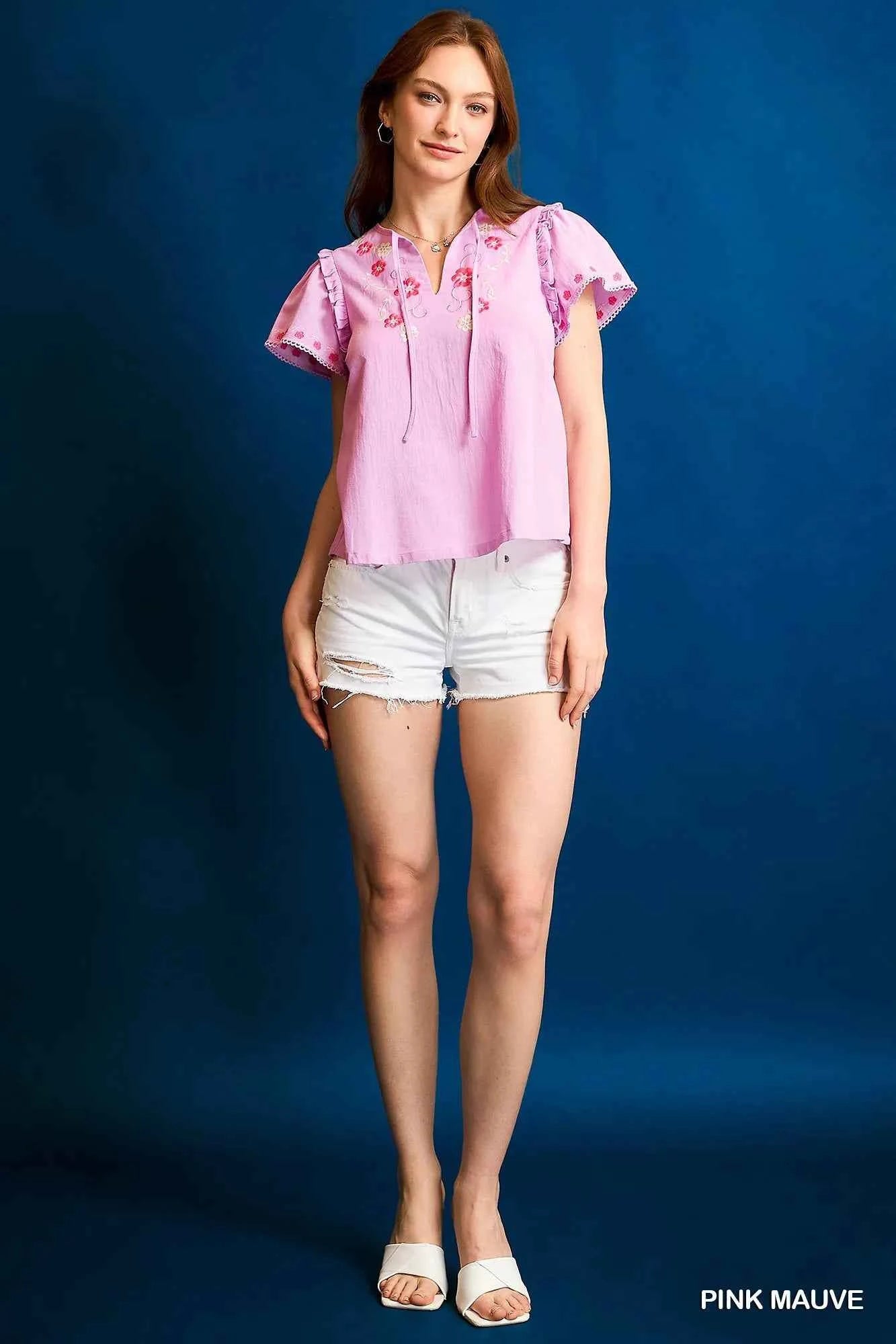 Umgee Floral Embroidered Tie Neck Short Sleeve Blouse PINK MAUVE 5b2d991e-b0d4-4963-afef-55619bc304b4-Max-Origin